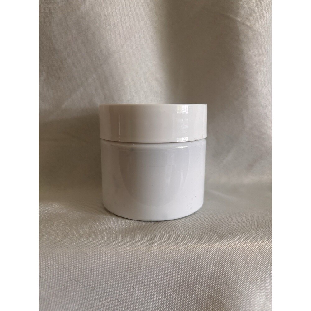 Lot of 6 plastic containers 2 1/16” X 2 1/16”with screw on lids white in color.